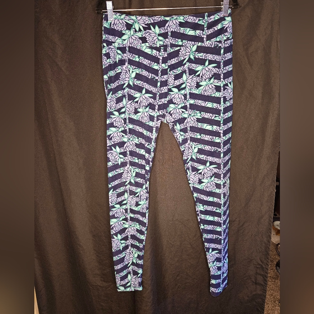 Lularoe Tall and Curvy Womens Blue and Purple Floral Striped Leggings